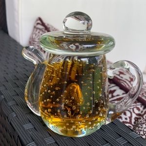 Kanawha Glass teapot bubble paperweight.  Amber and clear